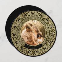 Round Black+Faux Gold Celtic Holiday Photo Card
