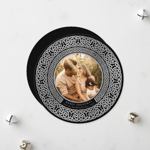 Round BlackFaux Silver Celtic Holiday Photo Card
