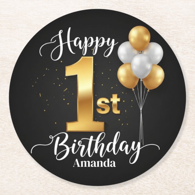 Round Black Gold 1st Birthday Paper Coaster (Front)