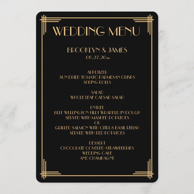 Round Black Great Gatsby Art Deco Wedding Menu (Front)