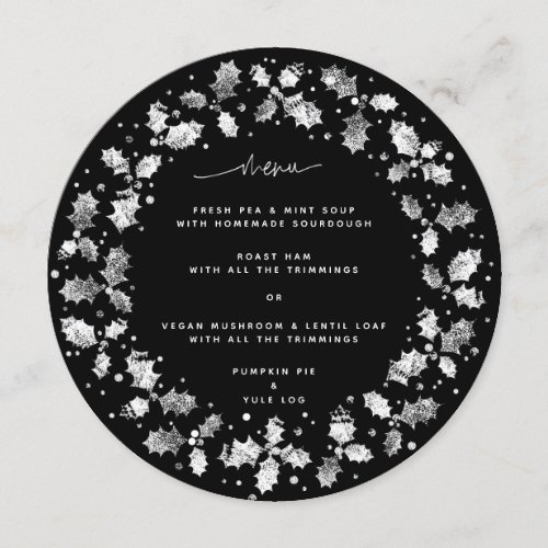 Round Black Hand Printed Holly Wreath Christmas Menu