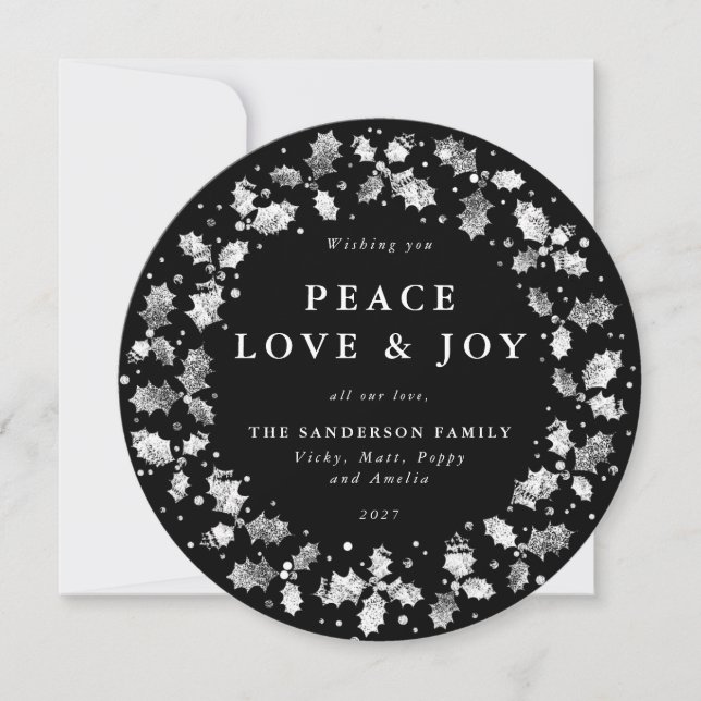 Round Black Holly Wreath Peace Love + Joy Holiday Card (Front)