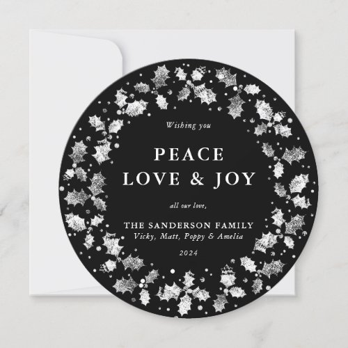 Round Black Holly Wreath Peace Love  Joy Holiday Card