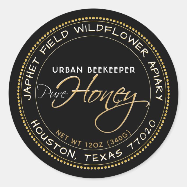 Round Black Honey Label with Dotted Gold Border (Front)