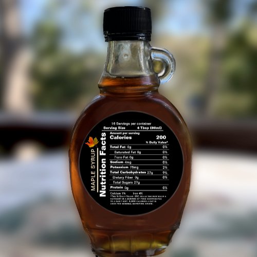 Round Black Maple Syrup Nutrition Facts with Leaf  Classic Round Sticker