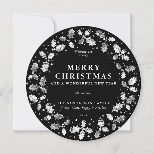 Round Black Merry Christmas Holly Wreath Holiday Card