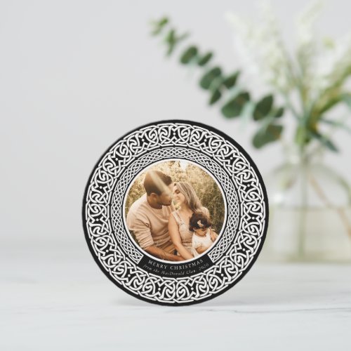 Round Black + Off White Celtic Holiday Photo Card