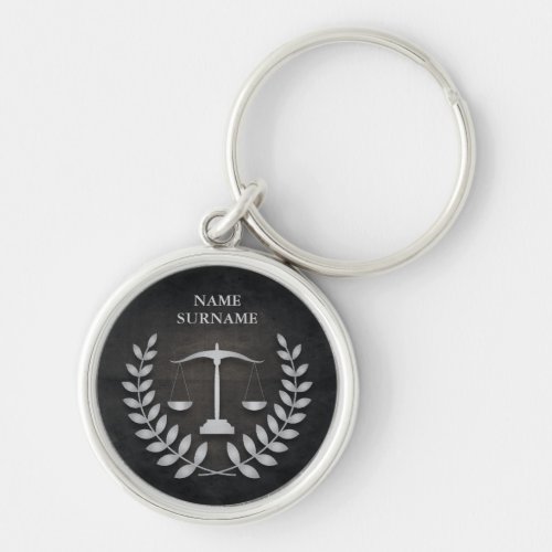 Round Black  Silver Law Scales Personalized Keychain
