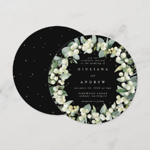 Round Black Snowberry+Eucalyptus Wreath Wedding Invitation