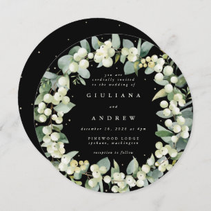 Round Black Snowberry+Eucalyptus Wreath Wedding Invitation