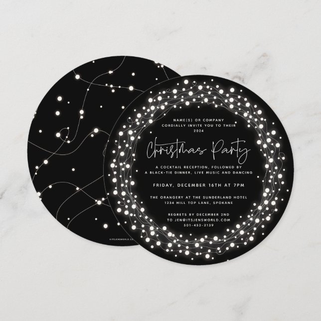 Round Black Sparkling Lights Christmas Party Invitation (Front/Back)