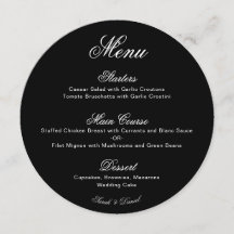 Round Black Wedding Menu with White Calligraphy
