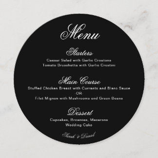 Round Black Wedding Menu with White Calligraphy