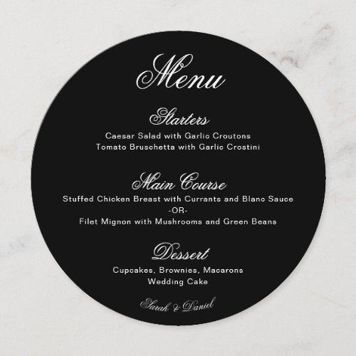 Round Black Wedding Menu with White Calligraphy