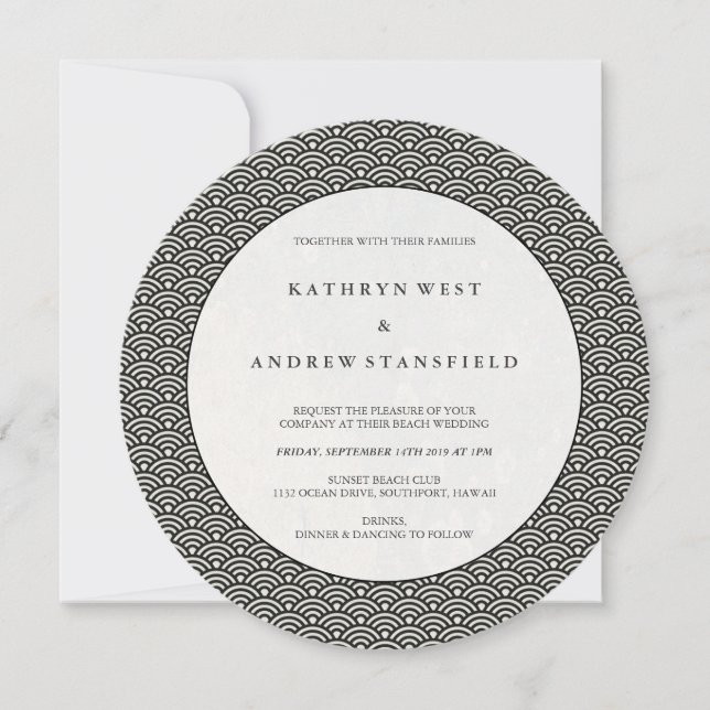 Round Black + White Art Deco Wave Pattern Wedding Invitation (Front)