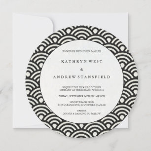 Round Black + White Japanese Waves Wedding Invitation