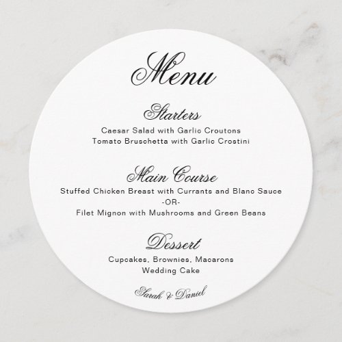 Round Black & White Simple Minimalist Wedding Menu
