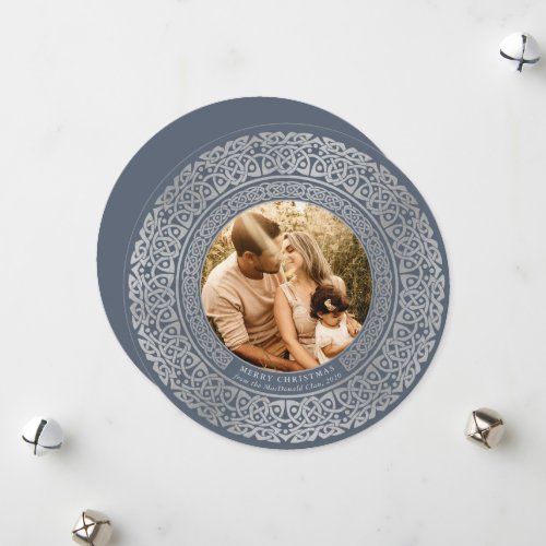 Round Blue+Faux Silver Celtic Holiday Photo Card