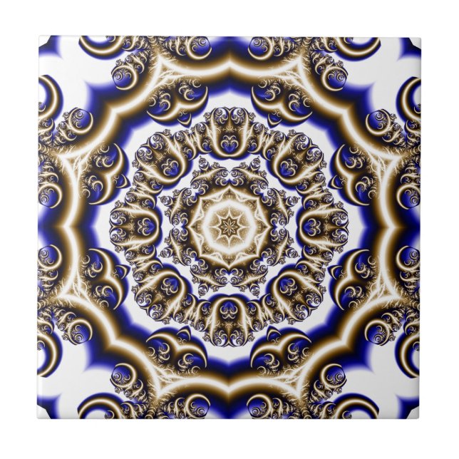 Round blue fractal pattern ceramic tile (Front)
