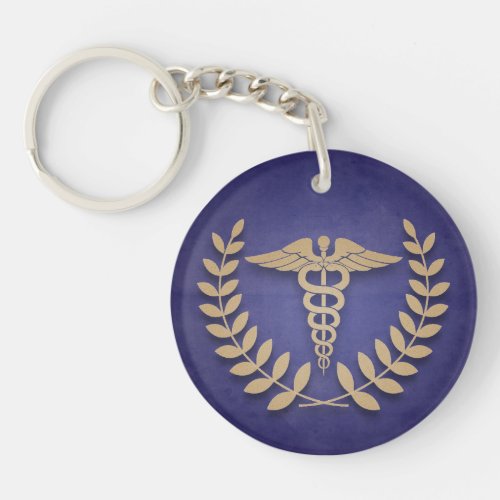 Round Blue  Gold Medical Caduceus Personalized Keychain