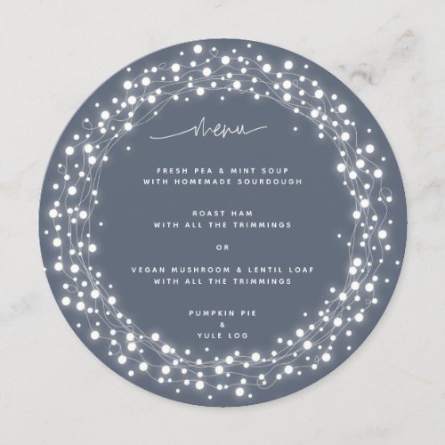 Round Blue_Gray Sparkling Lights Christmas Dinner Menu