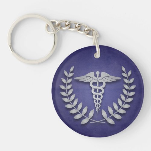 Round Blue  Silver Medical Caduceus Personalized Keychain