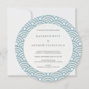 Round Blue + White Wave Pattern Wedding Invitation