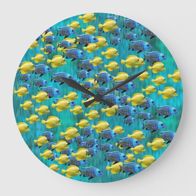 Round Blue & Yellow Fish Wall Clock (Front)