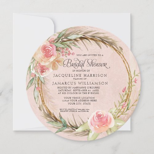 Round BOHO Floral Pampas Pink Watercolor Wreath Invitation