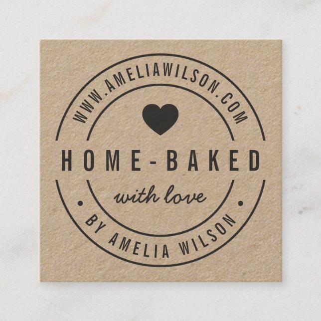 Round Border Bold Home-Baked With Love Heart Square Business Card (Front)