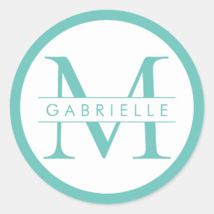 Round Border Monogram Favor Label - Turquoise