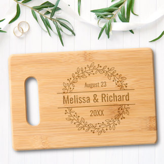 Round Botanical Berry Wreath Custom Names and Date Engraved Cutting Board