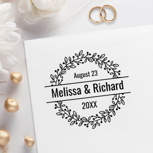Round Botanical Berry Wreath Custom Names and Date Rubber Stamp