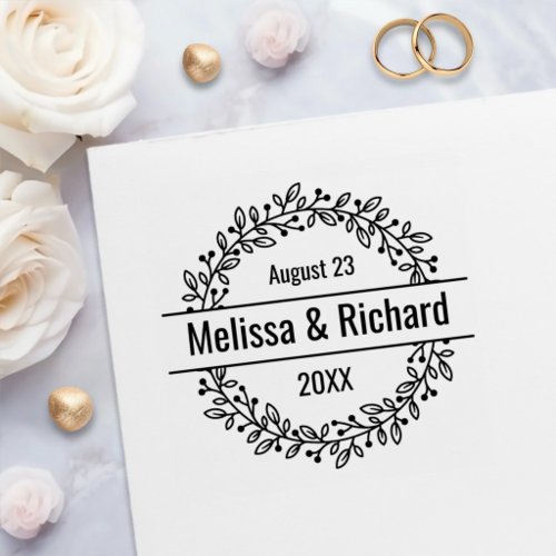 Round Botanical Berry Wreath Custom Names and Date Self-inking Stamp