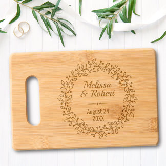 Round Botanical Berry Wreath Custom Names Date Engraved Cutting Board