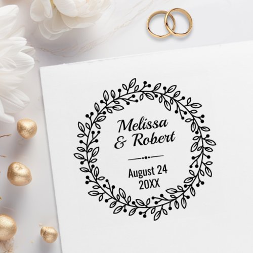 Round Botanical Berry Wreath Custom Names Date Rubber Stamp