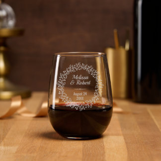 Round Botanical Berry Wreath Custom Names Date Stemless Wine Glass