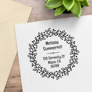 Round Botanical Berry Wreath Custom Return Address Rubber Stamp