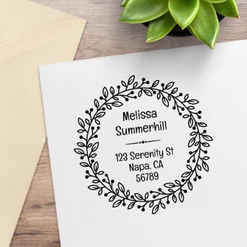 Round Botanical Berry Wreath Custom Return Address Rubber Stamp