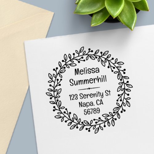 Round Botanical Berry Wreath Custom Return Address Self-inking Stamp