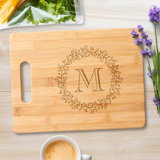 Round Botanical Berry Wreath Monogram Initial Full Engraved Cutting Board