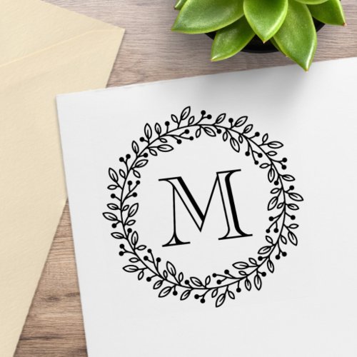 Round Botanical Berry Wreath Monogram Initial Rubber Stamp