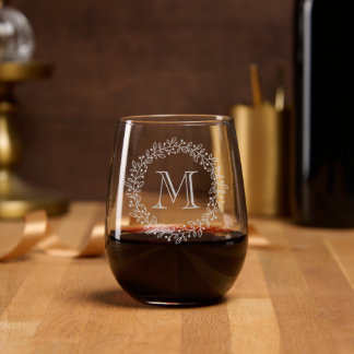 Round Botanical Berry Wreath Monogram Initial Stemless Wine Glass