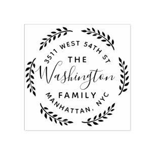 Round Botanical Wreath Family Name Return Address Rubber Stamp