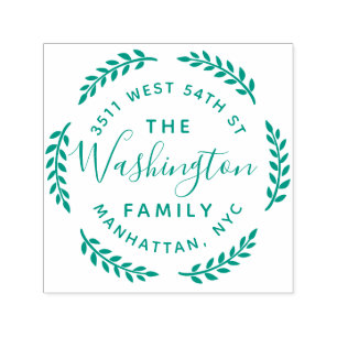 Round Botanical Wreath Family Name Return Address Self-inking Stamp
