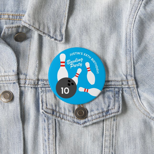 Round bowling ball Birthday party pinback buttons (In Situ)