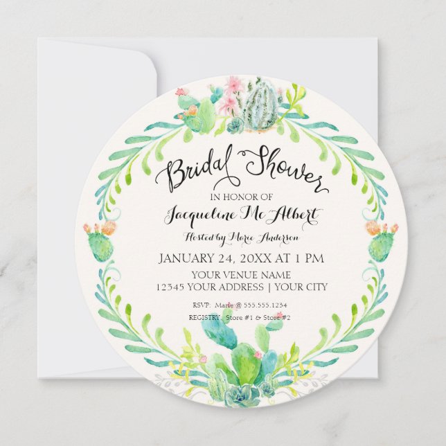 Round Bridal Desert Cacti Watercolor Rustic Modern Invitation (Front)
