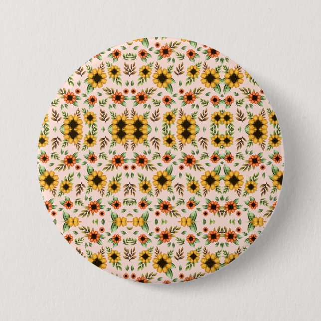 Round button featuring a colorful floral pattern (Front)