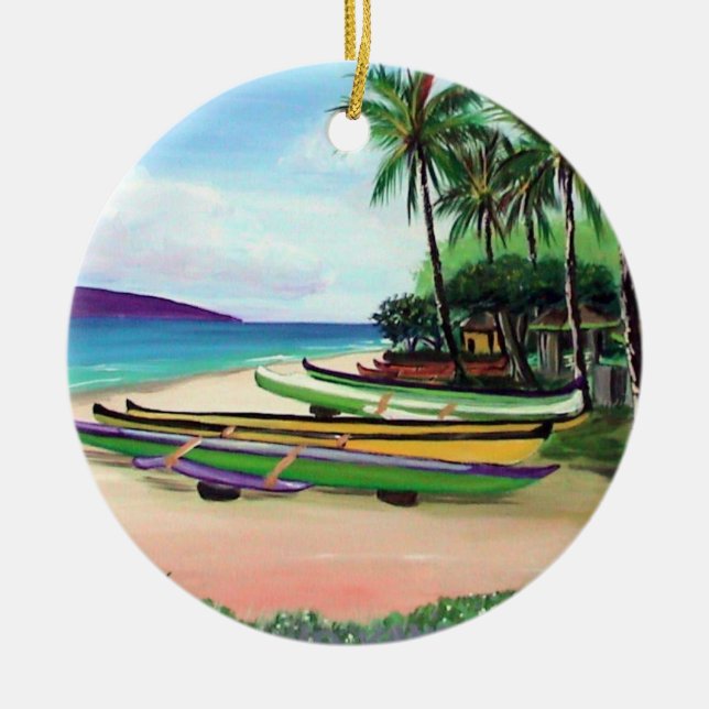 Round Canoe Beach Ceramic Ornament (Front)