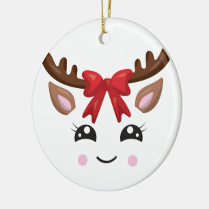 Round Ceramic Cute Reindeer Ornament/Tan Stripe Ornament